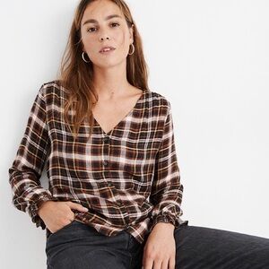 New Madewell Plaid Ruffle-Cuff V-Neck Top